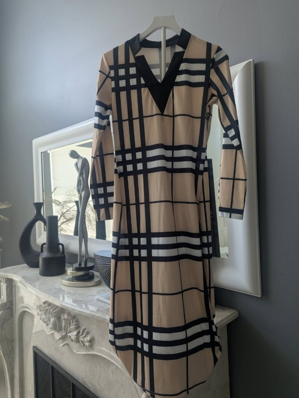 Women's Plaid Midi Wrap Dress – Beige & Black | Size S